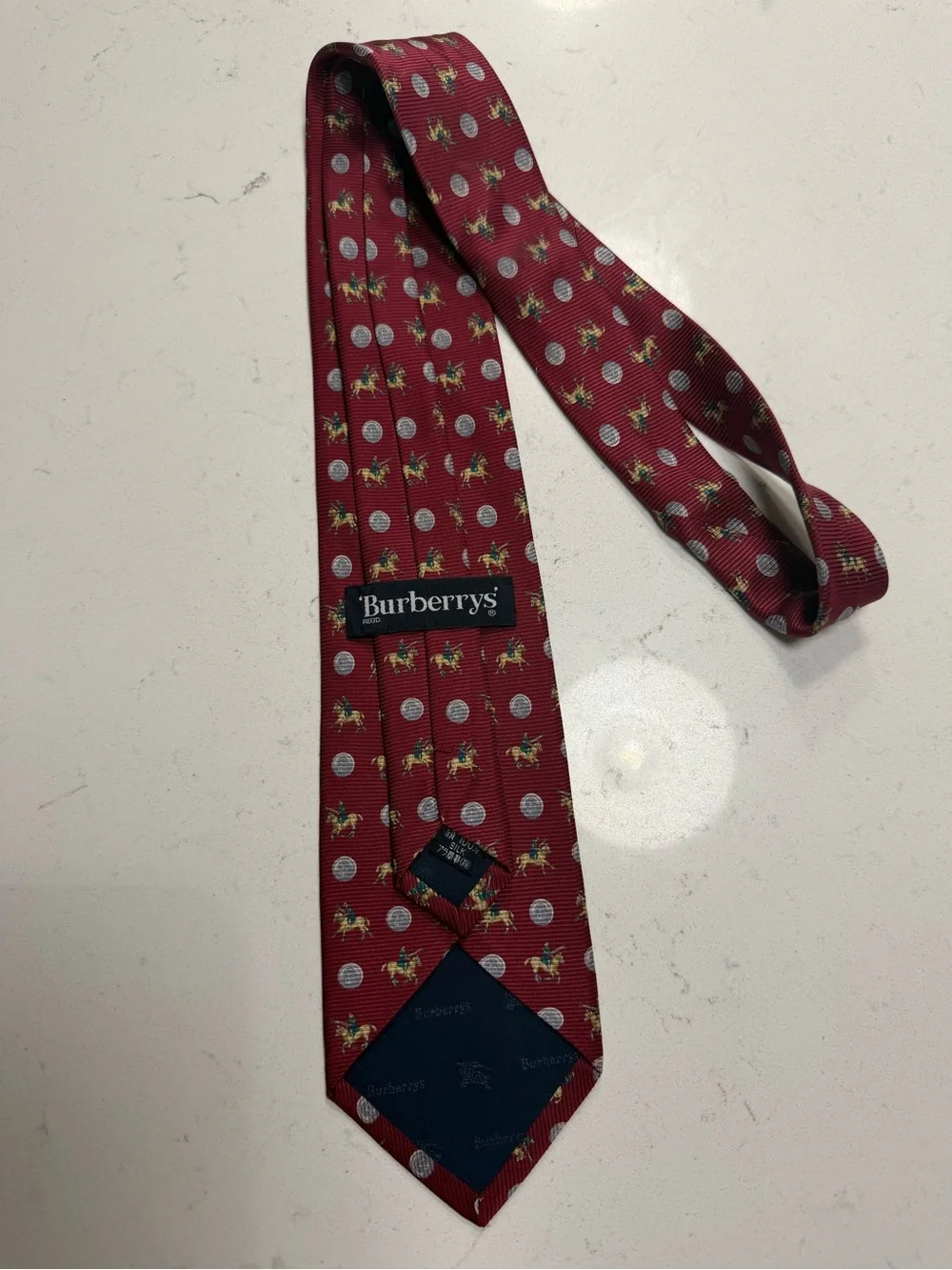 Burberry Red Silk Tie with Equestrian and Dot Motif